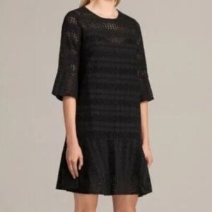 ALL SAINTS "Dakota" Black Eyelet Lace Ruffled Bell-Sleeved Dress Size 4